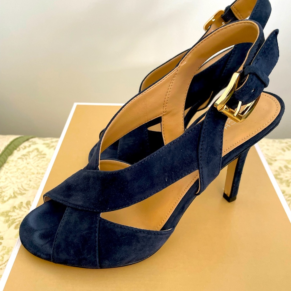 Michael Kors size 6 navy suede sandal. Becky is style. 4”heel.